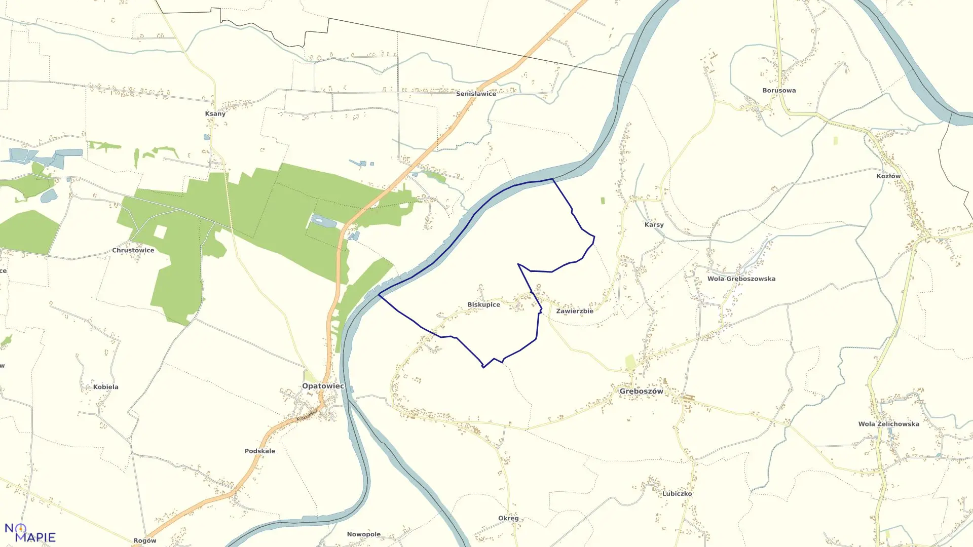 Mapa obrębu Biskupice w gminie Gręboszów
