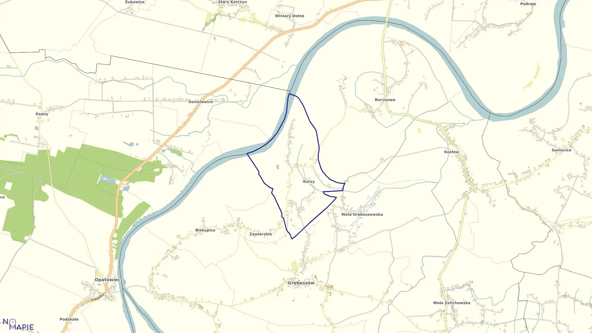 Mapa obrębu Karsy w gminie Gręboszów