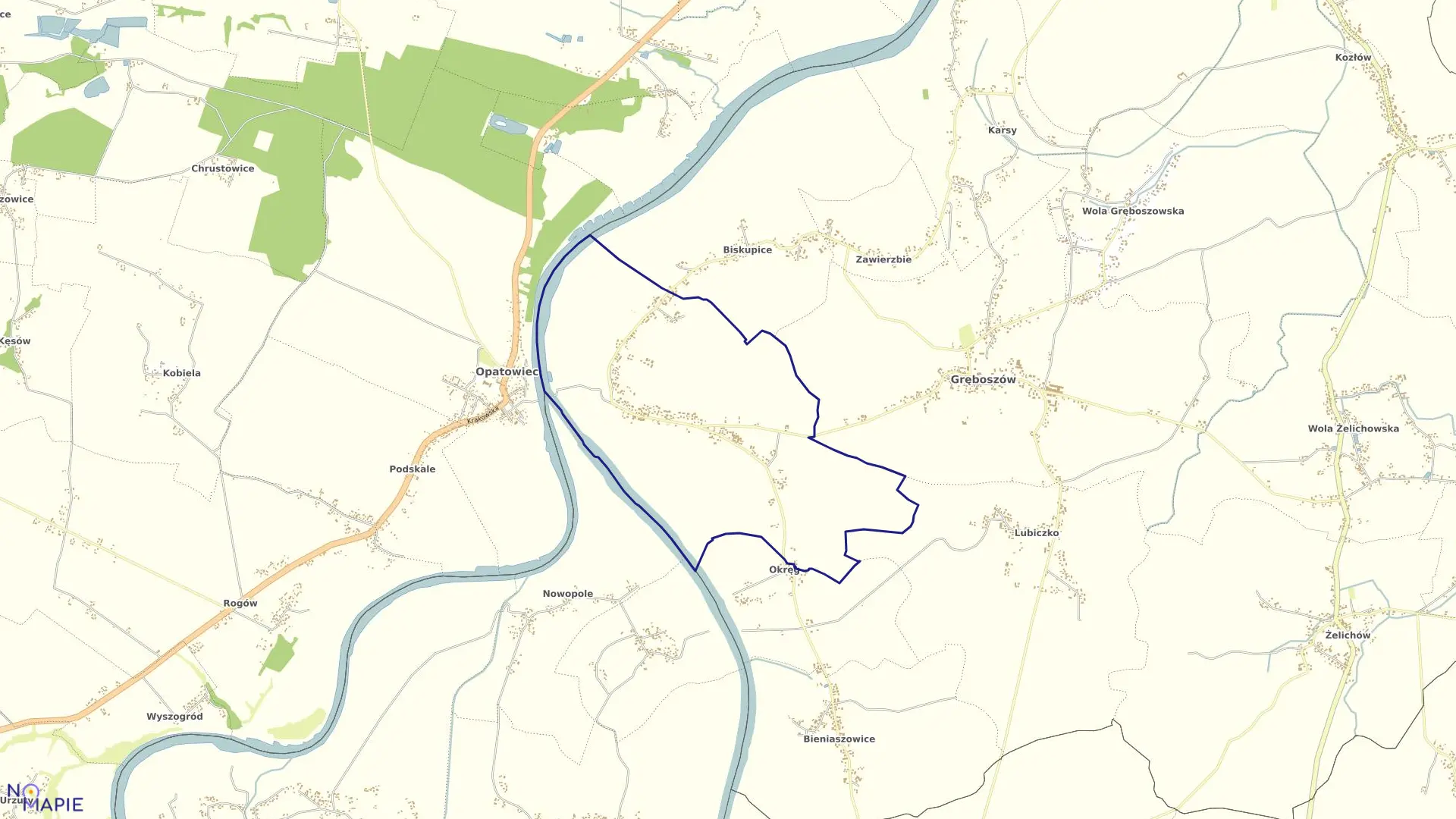 Mapa obrębu Ujście Jezuickie w gminie Gręboszów